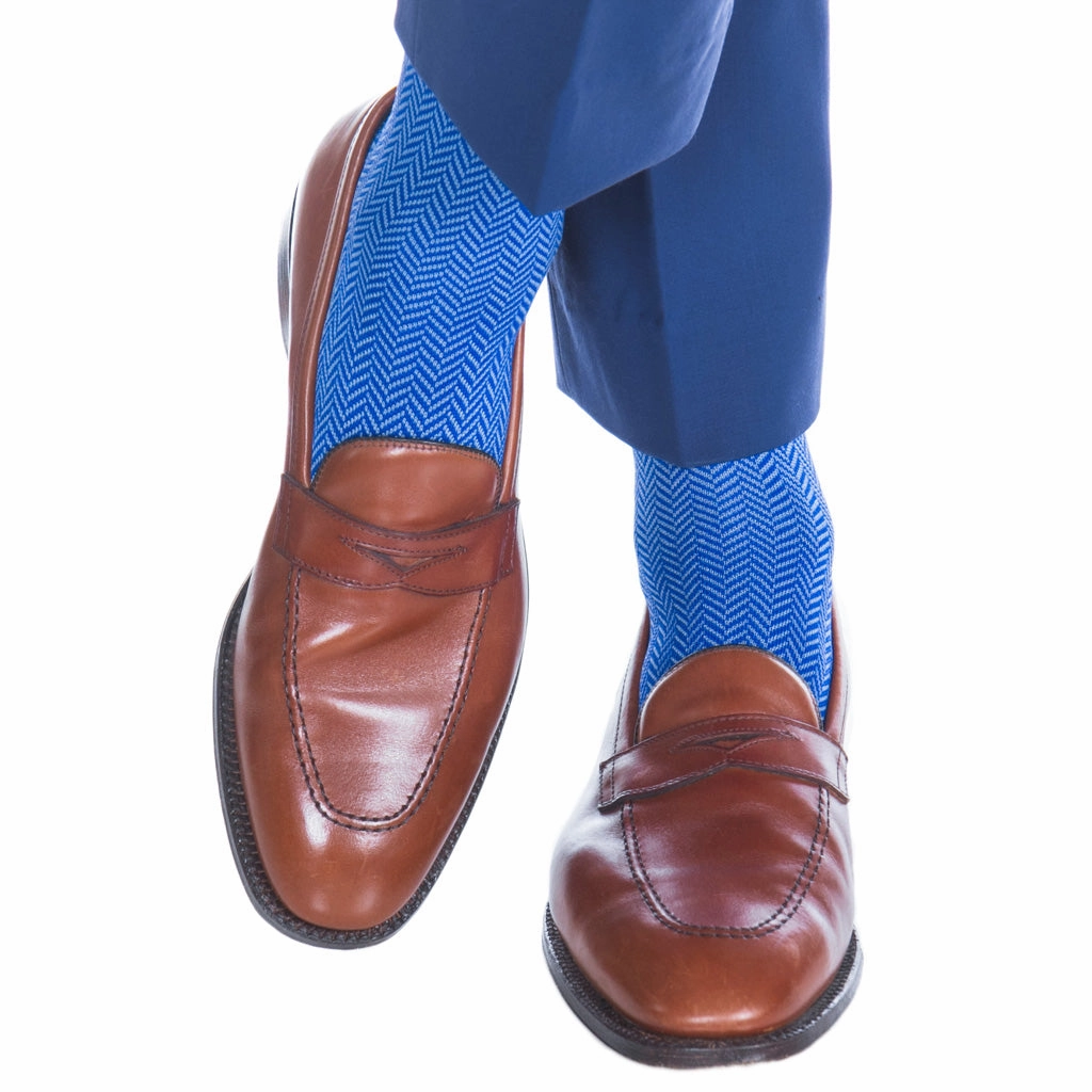 Azure Blue and Clematis Blue Herringbone Cotton Sock Linked Toe OTC