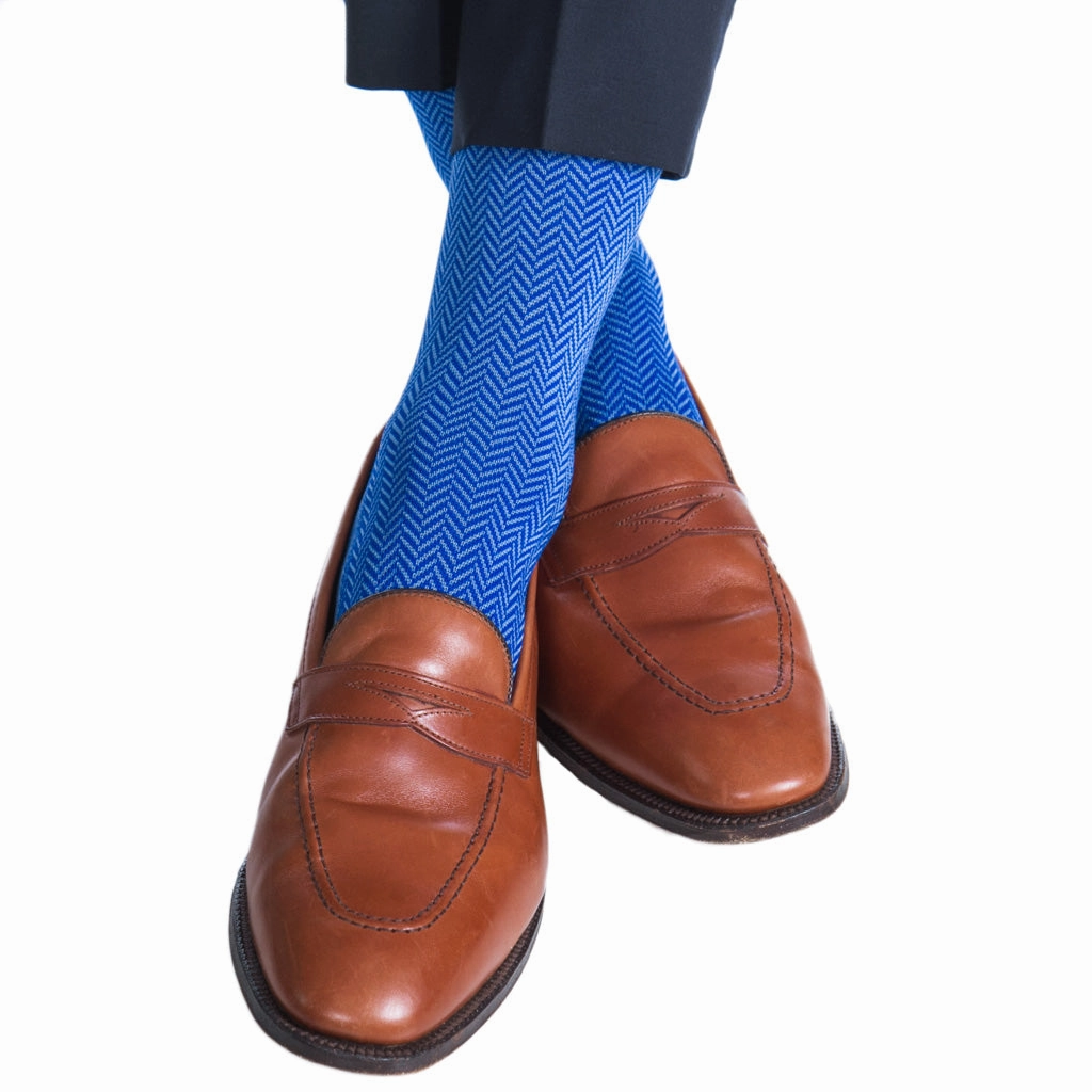 Azure Blue and Clematis Blue Herringbone Cotton Sock Linked Toe OTC