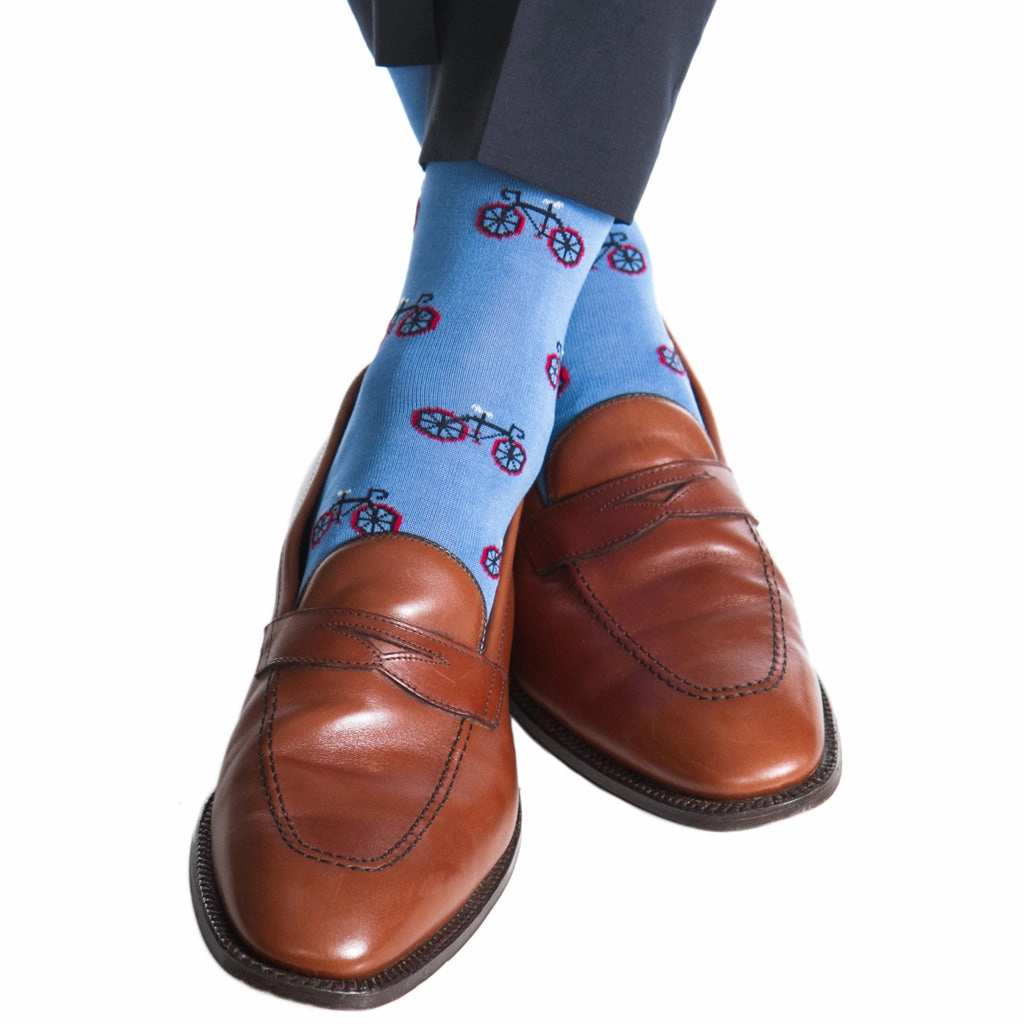 Azure Blue with Navy, Red and Cream Bike Cotton Sock Linked Toe OTC