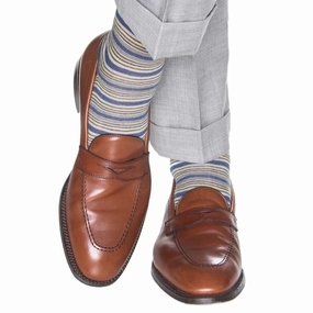 Bay Blue, Saffron and Ash Mini Variegated Stripe Fine Merino Wool Sock Linked Toe OTC