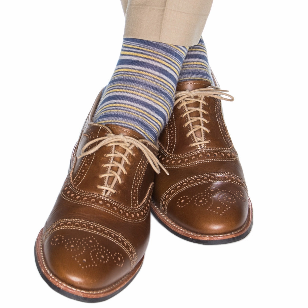 Bay Blue, Saffron and Ash Mini Variegated Stripe Fine Merino Wool Sock Linked Toe OTC