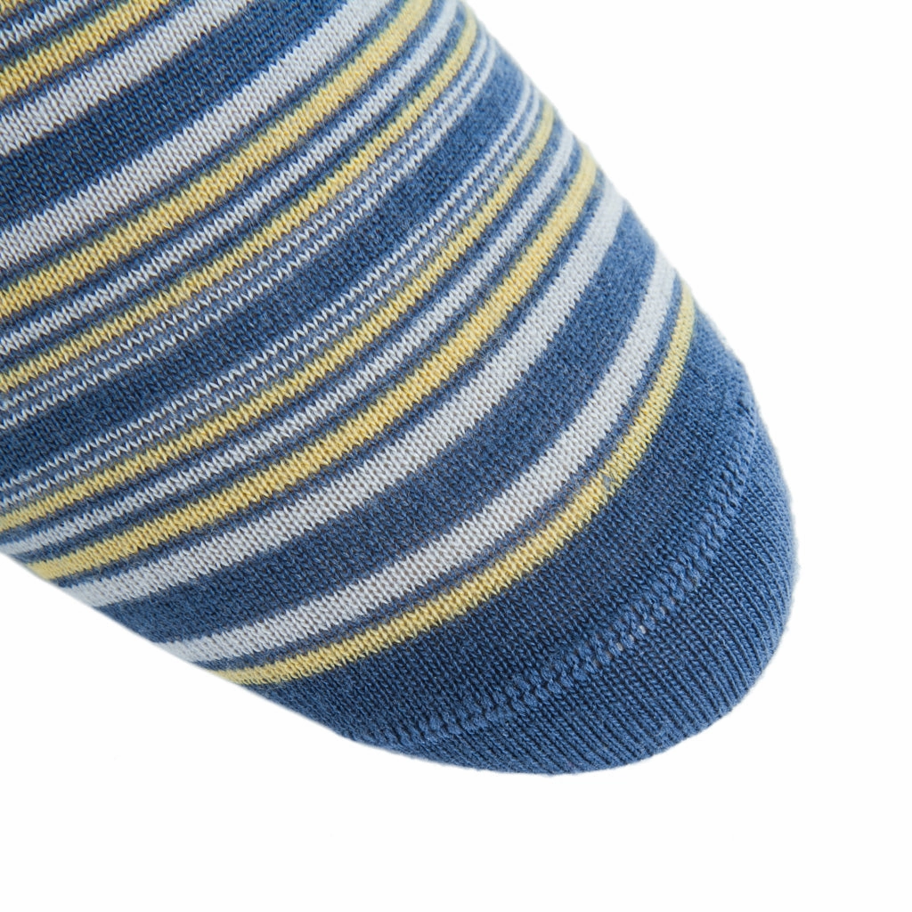 Bay Blue, Saffron and Ash Mini Variegated Stripe Fine Merino Wool Sock Linked Toe OTC