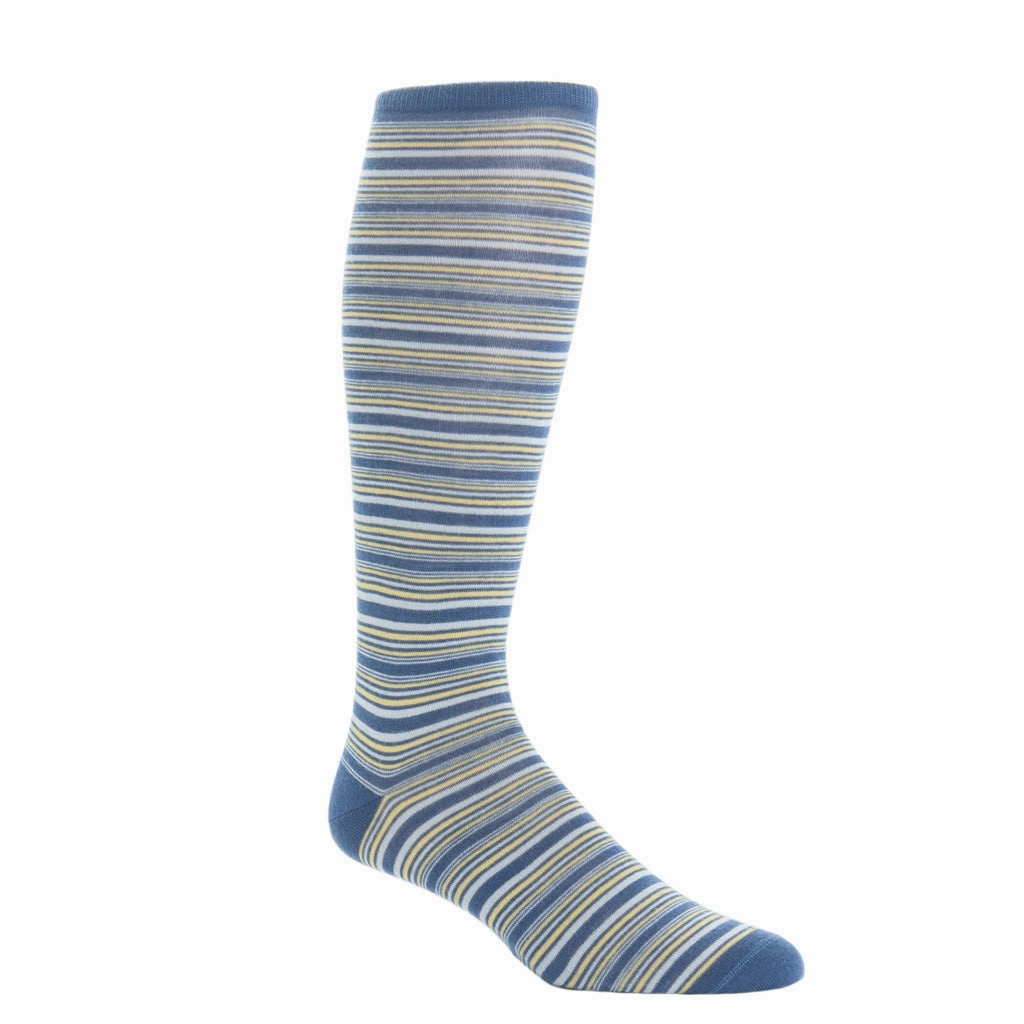 Bay Blue, Saffron and Ash Mini Variegated Stripe Fine Merino Wool Sock Linked Toe OTC