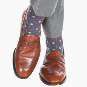 Bay Blue with Red Orange and Taupe Square and Dot Merino Wool Sock Linked Toe OTC