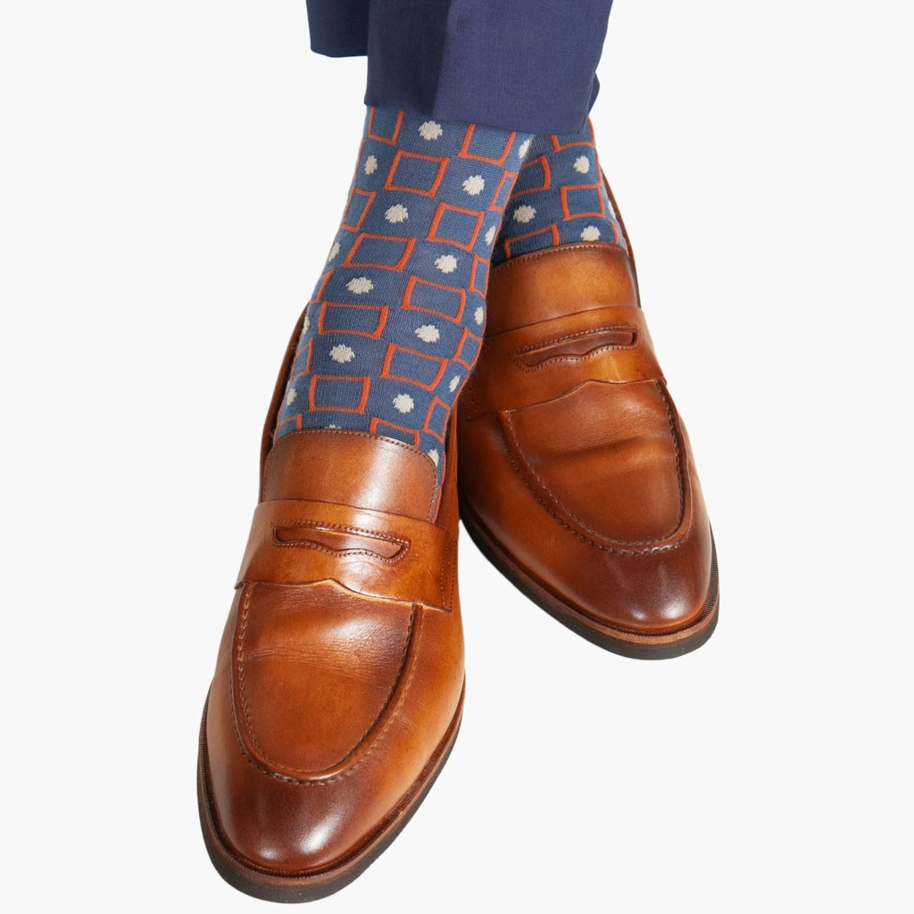 Bay Blue with Red Orange and Taupe Square and Dot Merino Wool Sock Linked Toe OTC