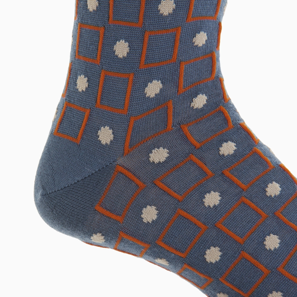 Bay Blue with Red Orange and Taupe Square and Dot Merino Wool Sock Linked Toe OTC