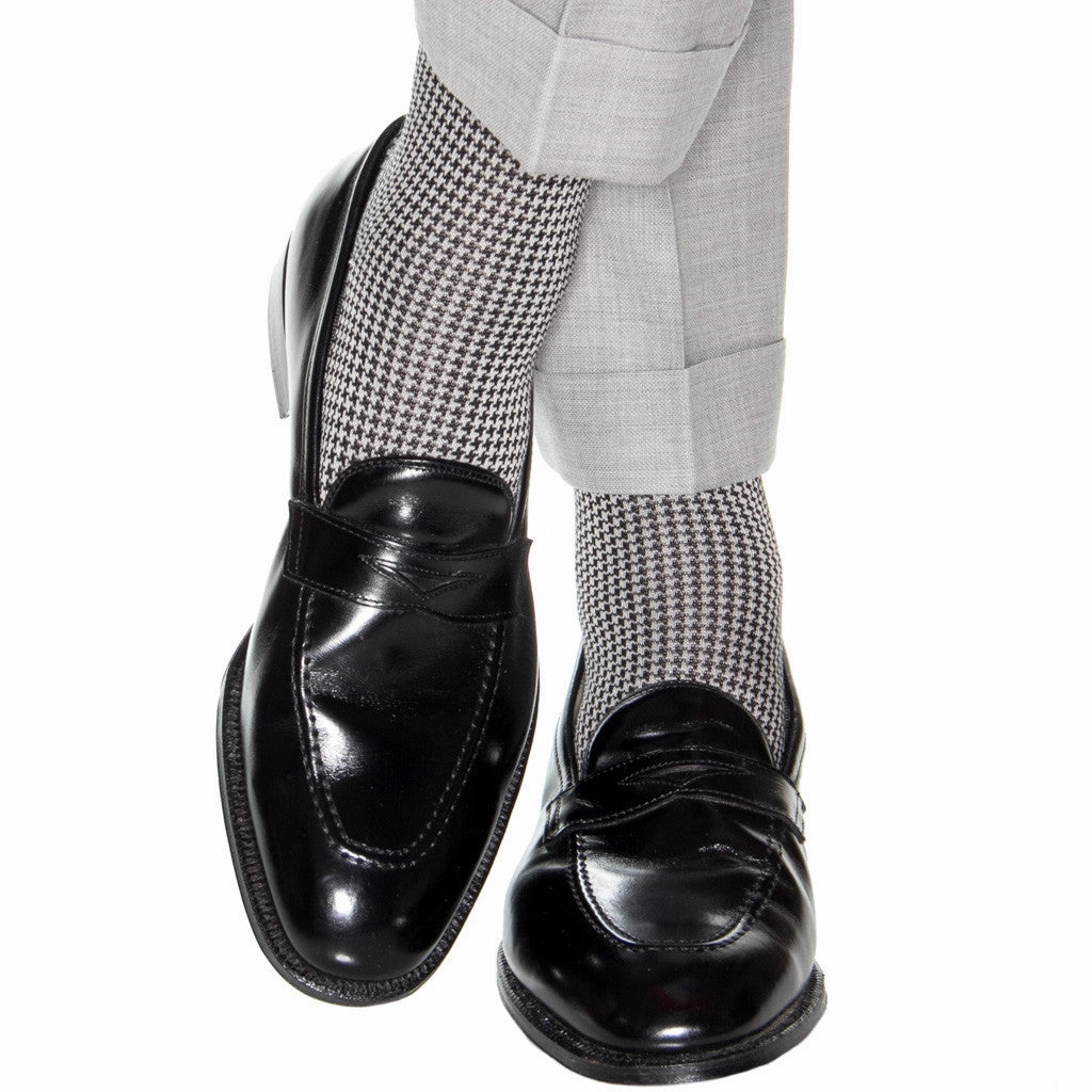 Black and Ash Houndstooth Cotton Sock Mid-Calf