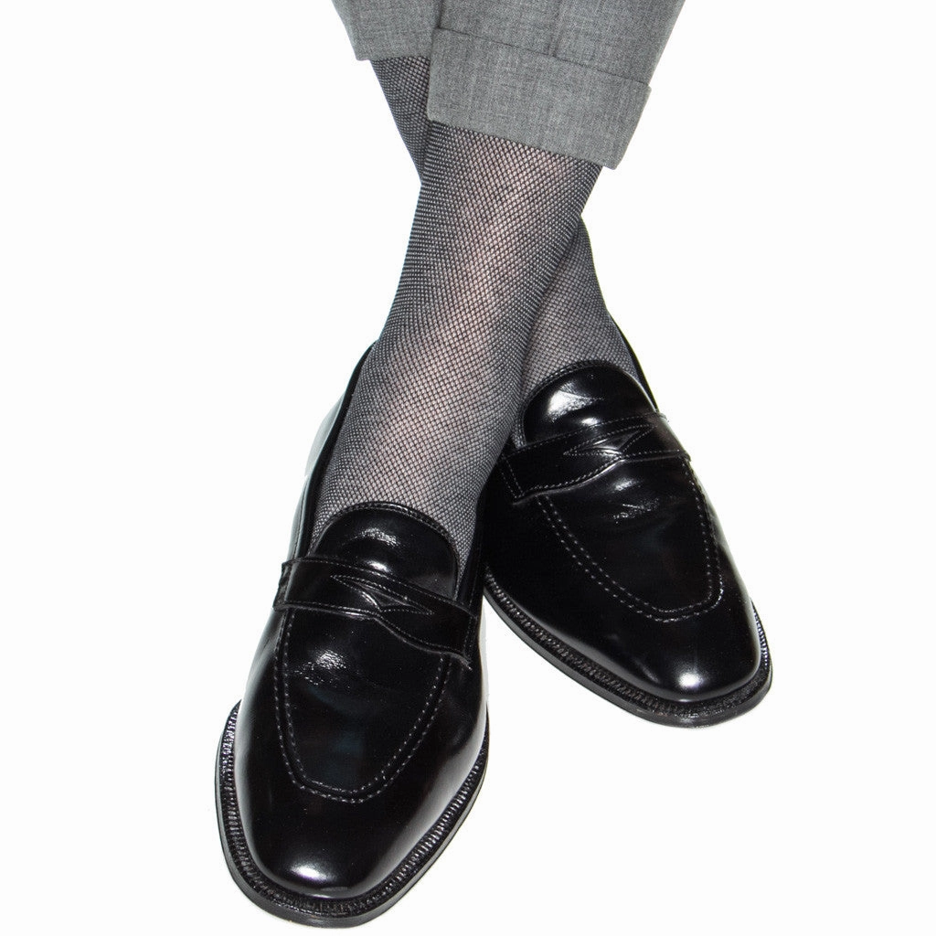 Black and Ash Nailhead Cotton Sock Linked Toe Mid-Calf