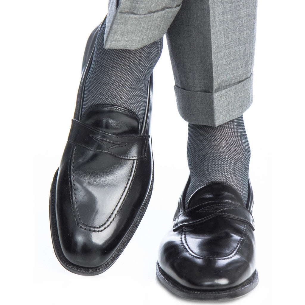 Black and Ash Nailhead Cotton Sock Linked Toe Mid-Calf