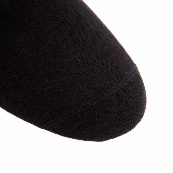 Black Solid Wide Ribbed Cashmere Wool Blend Sock Linked Toe Mid-Calf