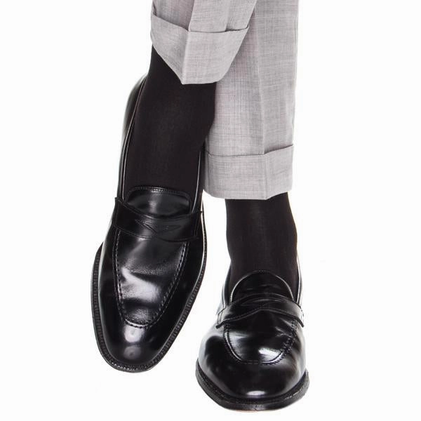 Black Solid Wide Ribbed Cashmere Wool Blend Sock Linked Toe Mid-Calf