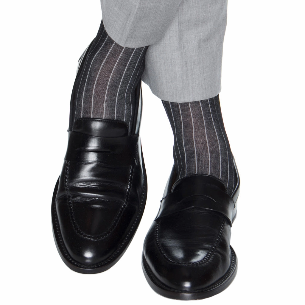 Black with Ash Vertical Stripe Cotton Sock Linked Toe OTC