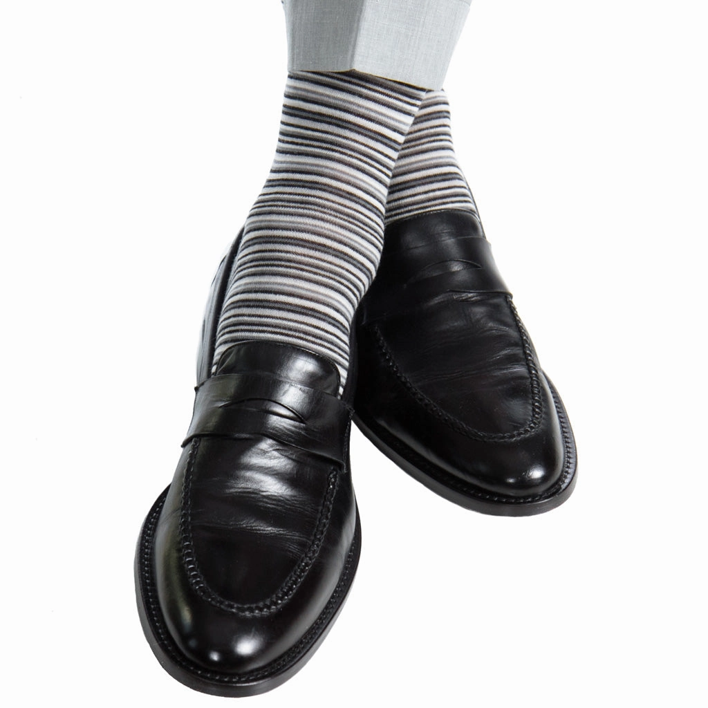 Black with Charcoal, Ash and White Variegated Stripe Fine Merino Wool Sock Linked Toe Mid-Calf