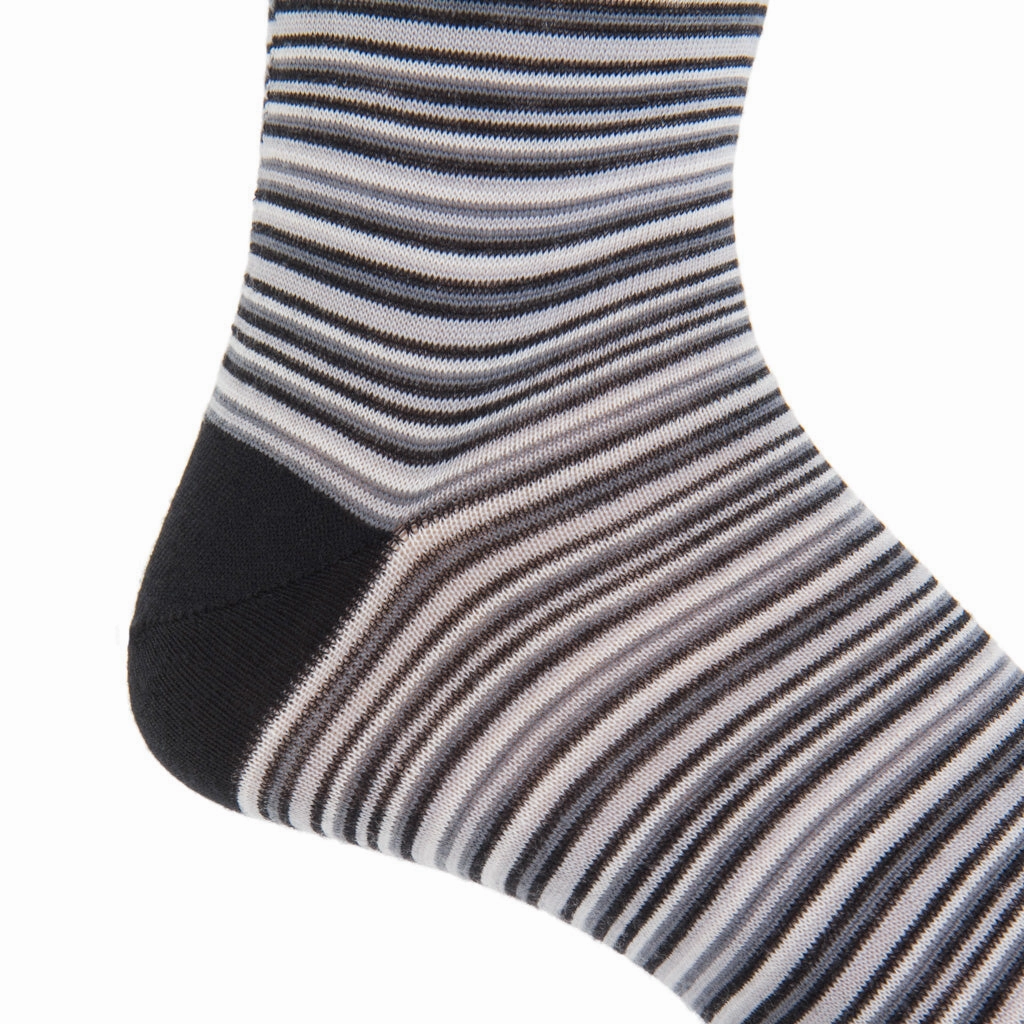 Black with Charcoal, Ash and White Variegated Stripe Fine Merino Wool Sock Linked Toe Mid-Calf