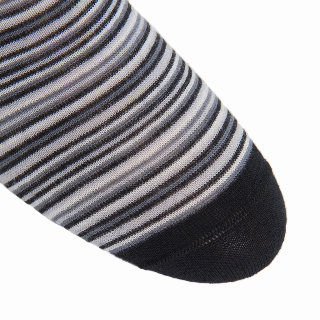 Black with Charcoal, Ash and White Variegated Stripe Fine Merino Wool Sock Linked Toe Mid-Calf