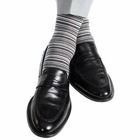 Black with Charcoal, Ash and White Variegated Stripe Fine Merino Wool Sock Linked Toe Mid-Calf