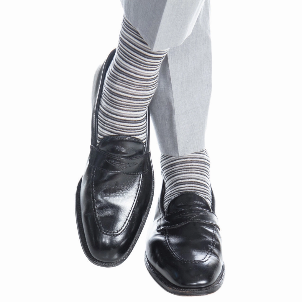 Black with Charcoal, Ash and White Variegated Stripe Fine Merino Wool Sock Linked Toe Mid-Calf