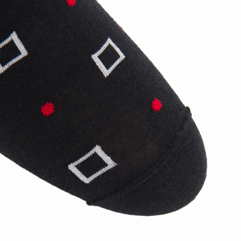 Black with Mercury Grey Squares and Red Dots Wool Sock Linked Toe Mid-Calf