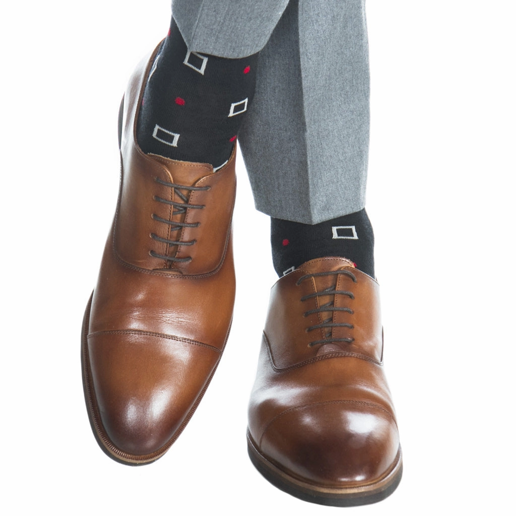 Black with Mercury Grey Squares and Red Dots Wool Sock Linked Toe Mid-Calf