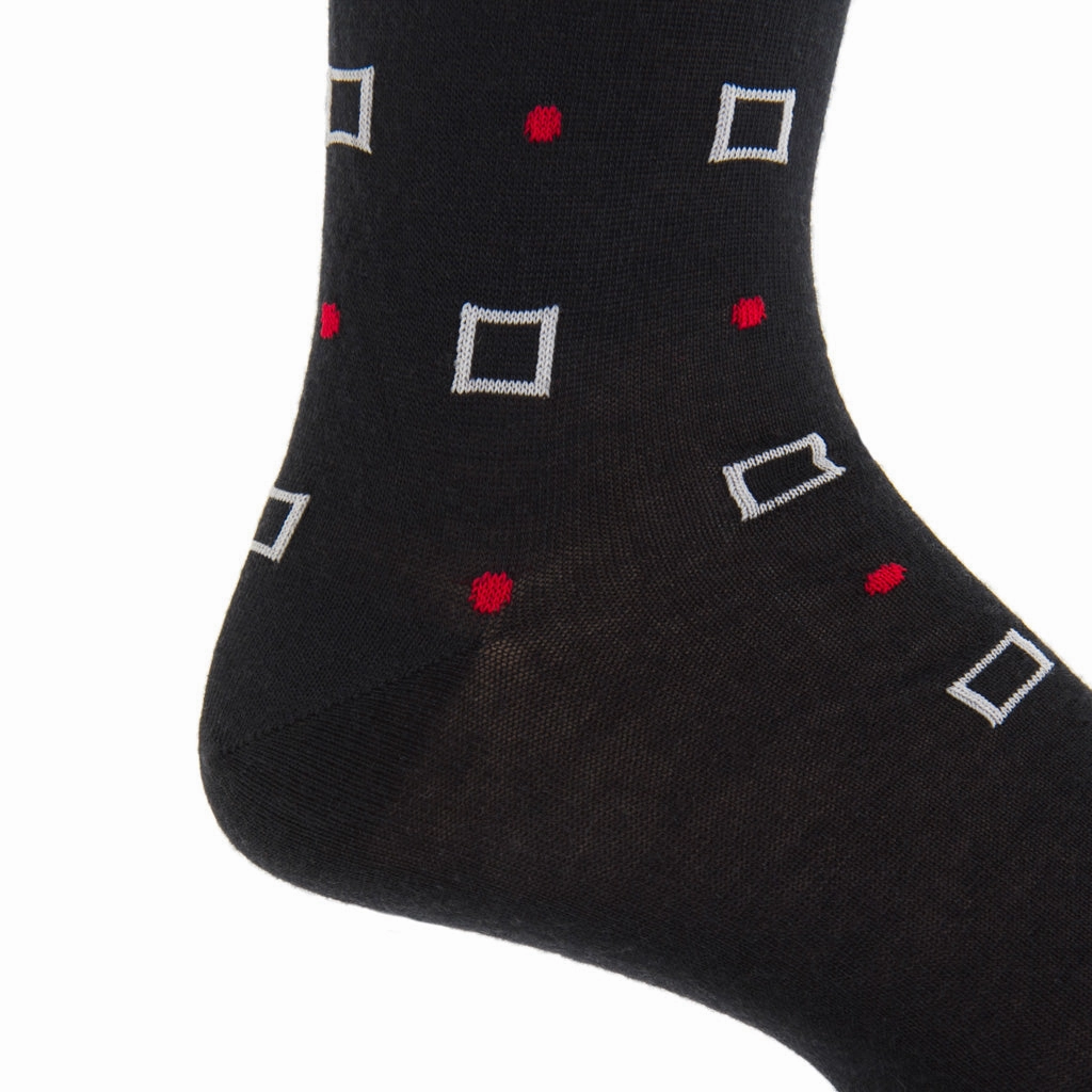 Black with Mercury Grey Squares and Red Dots Wool Sock Linked Toe Mid-Calf