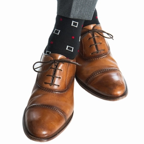 Black with Mercury Grey Squares and Red Dots Wool Sock Linked Toe Mid-Calf