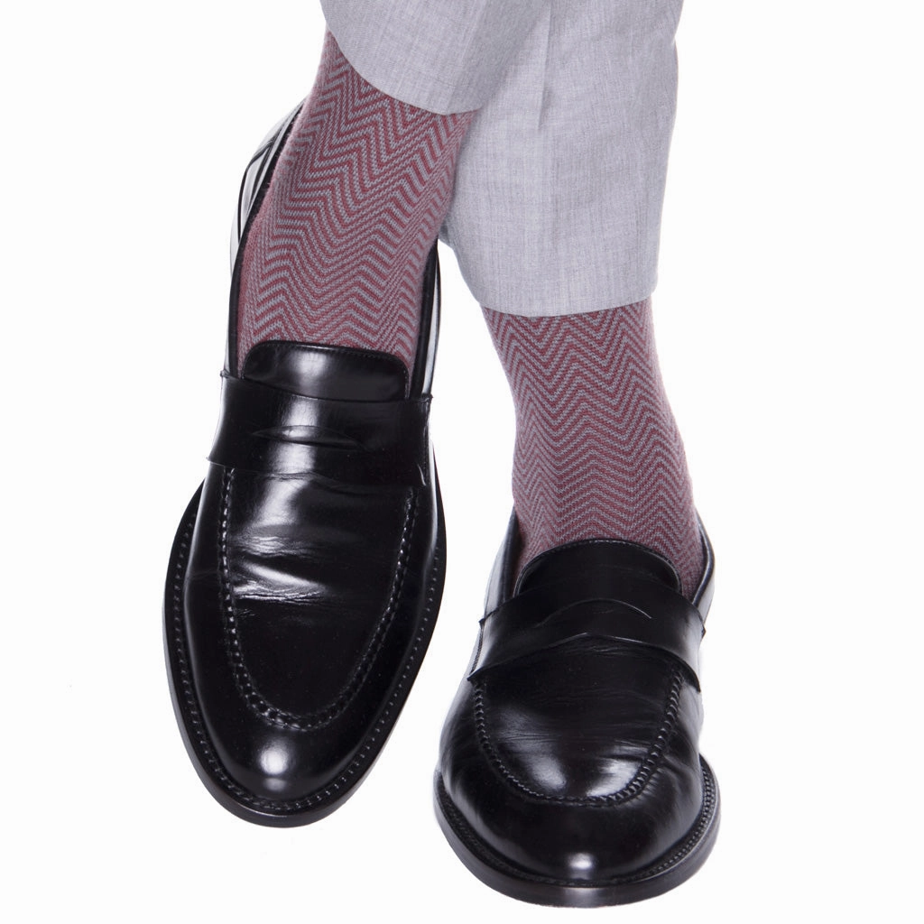 Burgundy With Mercury Gray Chevron Wool Sock Linked Toe Mid-Calf