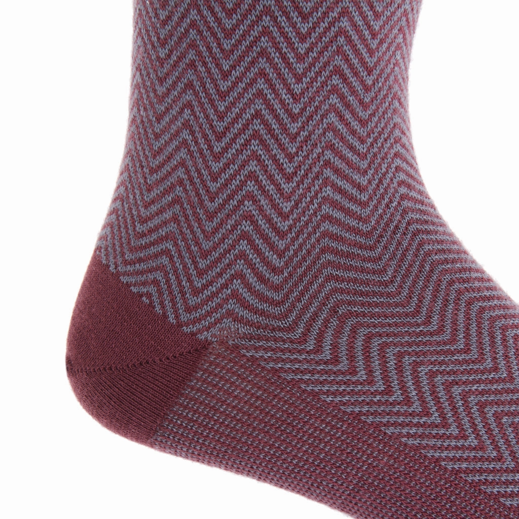 Burgundy With Mercury Gray Chevron Wool Sock Linked Toe Mid-Calf