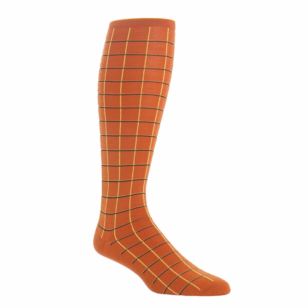 Burnt Orange with Yolk and Black Window Pane Fine Merino Wool Sock Linked Toe OTC
