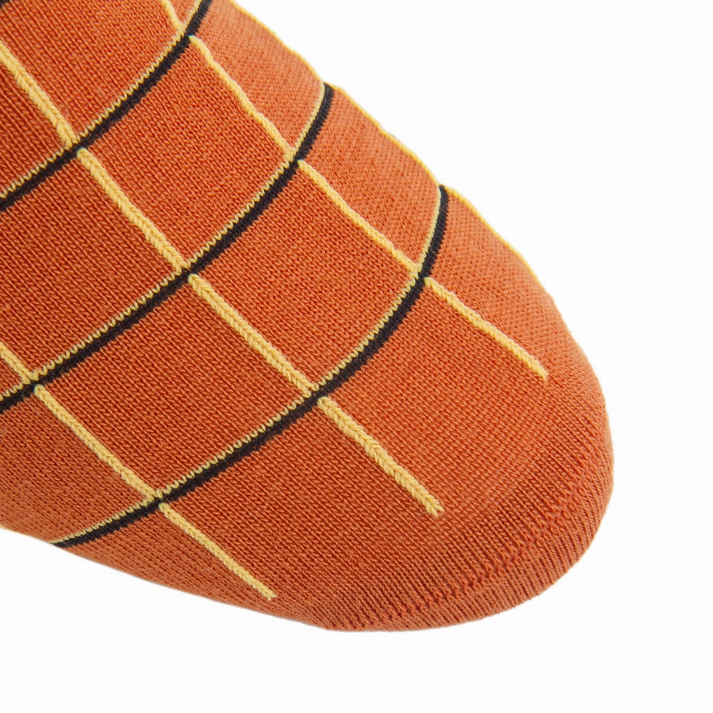 Burnt Orange with Yolk and Black Window Pane Fine Merino Wool Sock Linked Toe OTC