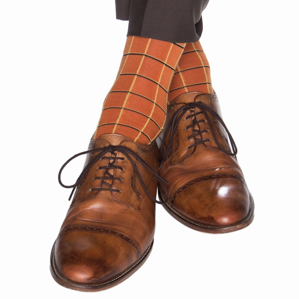 Burnt Orange with Yolk and Black Window Pane Fine Merino Wool Sock Linked Toe OTC