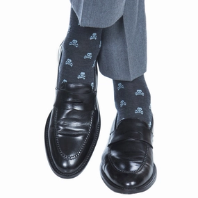 Charcoal with Sky Blue Skull and Crossbones Fine Merino Wool Sock Linked Toe OTC