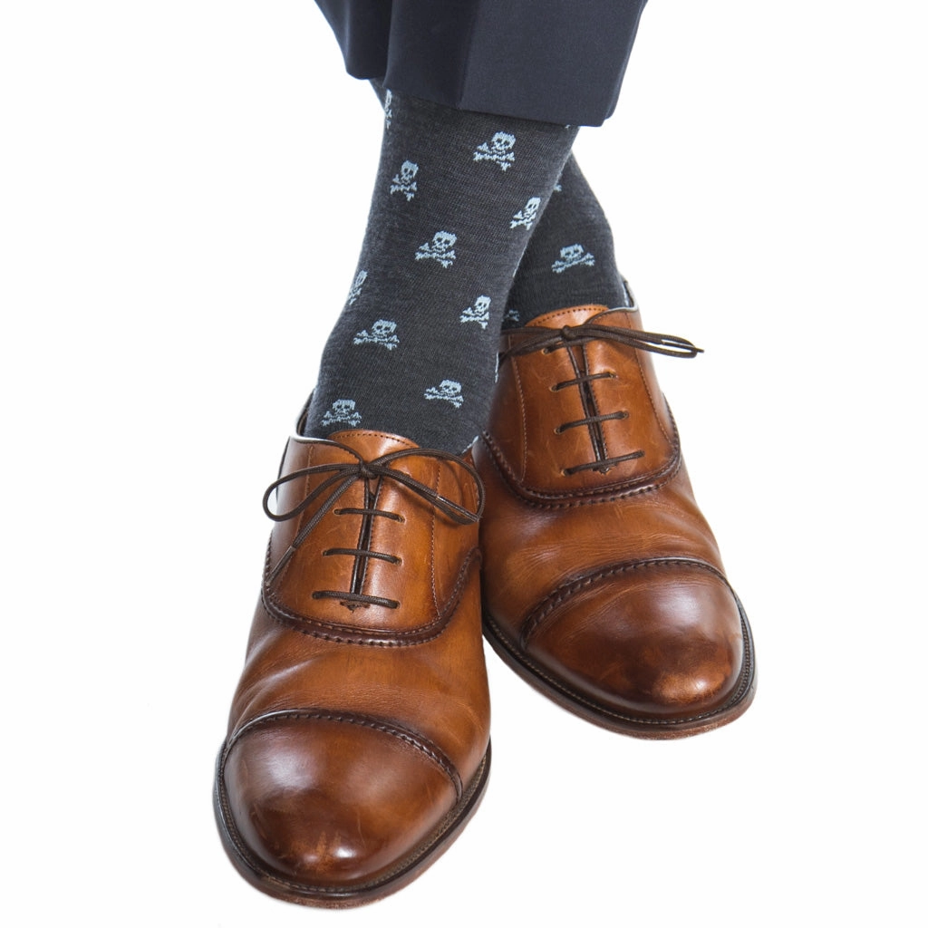 Charcoal with Sky Blue Skull and Crossbones Fine Merino Wool Sock Linked Toe OTC