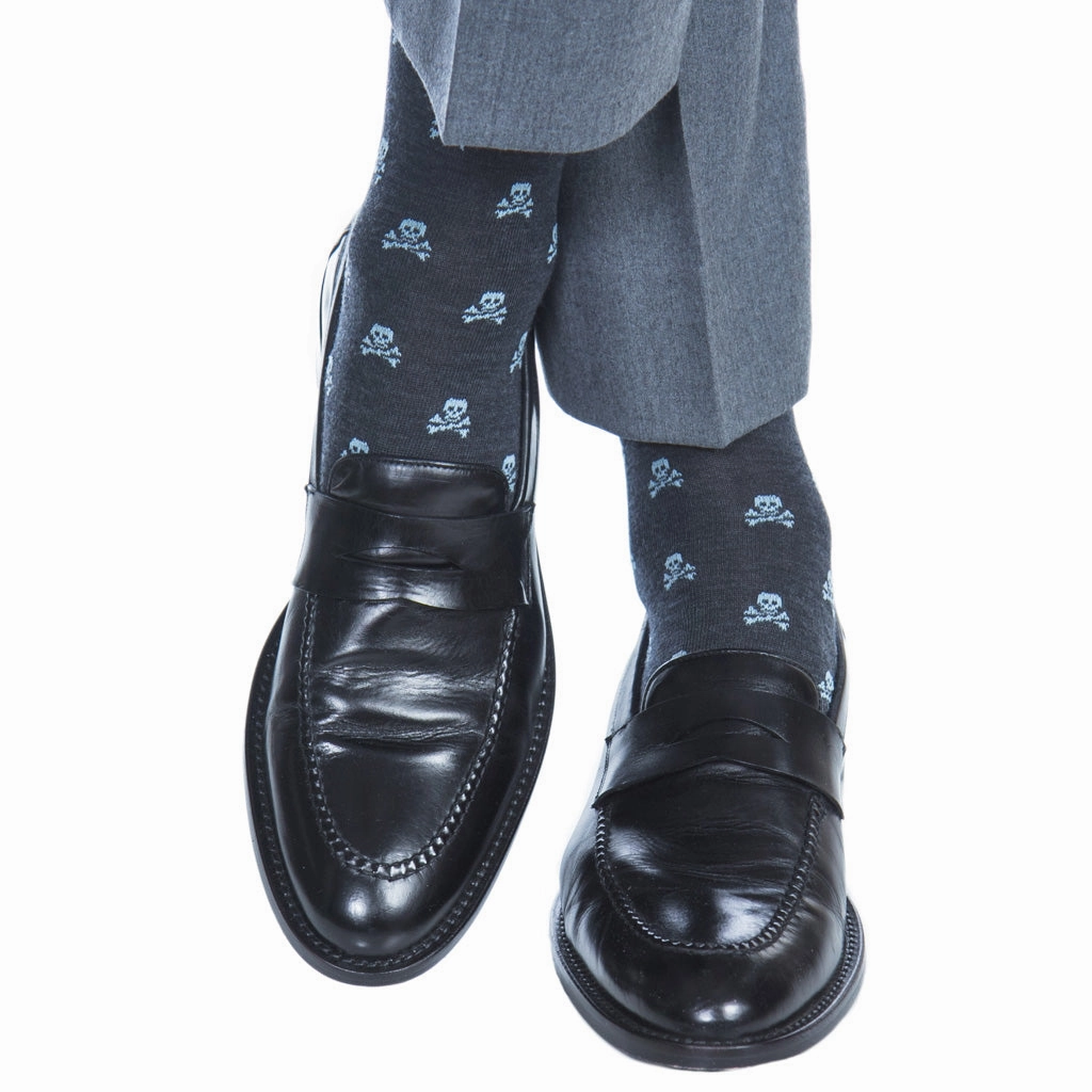 Charcoal with Sky Blue Skull and Crossbones Fine Merino Wool Sock Linked Toe OTC