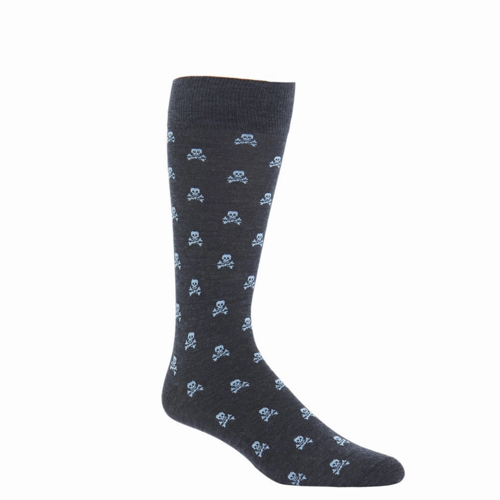 Charcoal with Sky Blue Skull and Crossbones Fine Merino Wool Sock Linked Toe OTC