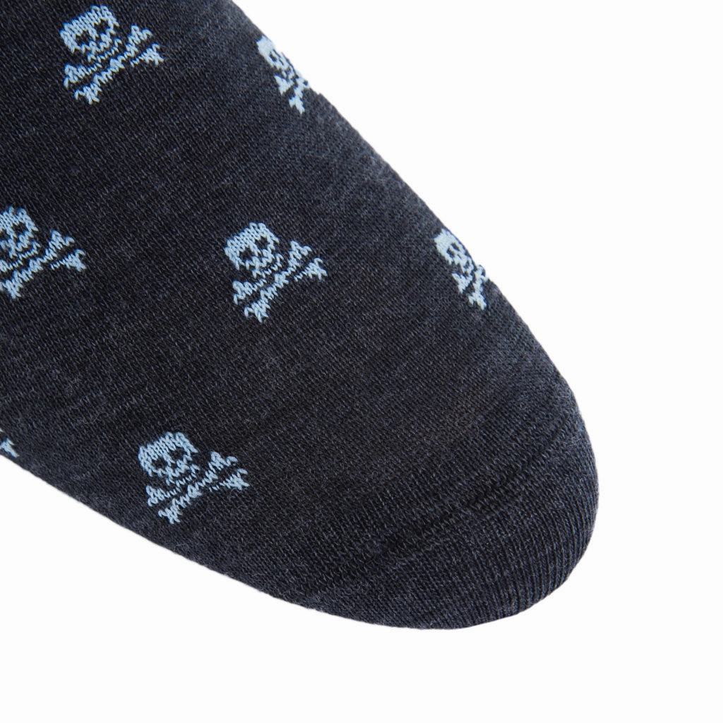Charcoal with Sky Blue Skull and Crossbones Fine Merino Wool Sock Linked Toe OTC