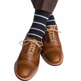 Charcoal with Sky Blue Stripe Fine Merino Wool Sock Linked Toe Mid-Calf