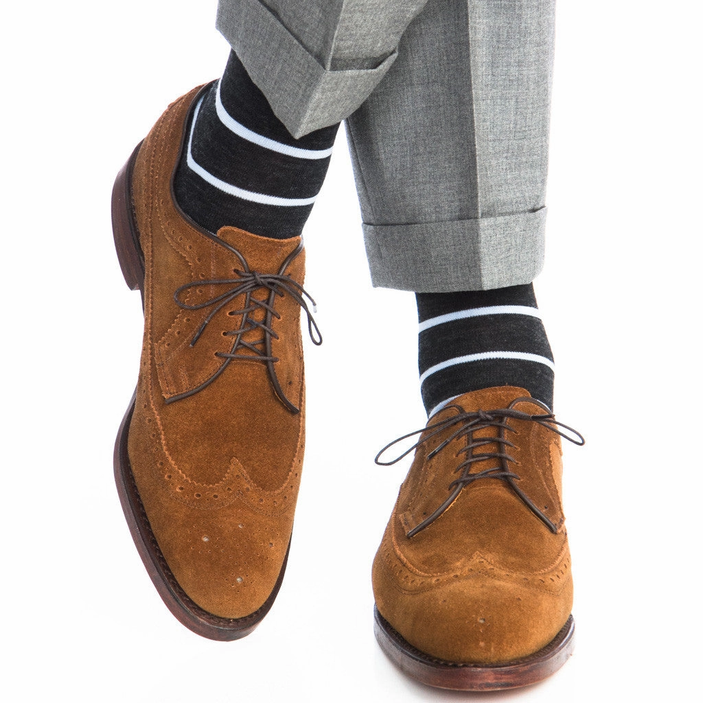 Charcoal with Sky Blue Stripe Fine Merino Wool Sock Linked Toe Mid-Calf