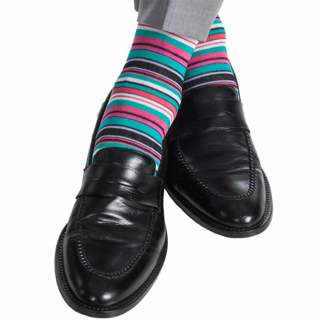 Cl. Navy, with White, Azure Blue, Coral, Rose, Lavender and Ceramic Variegated Stripe Cotton Sock Linked Toe Mid-Calf