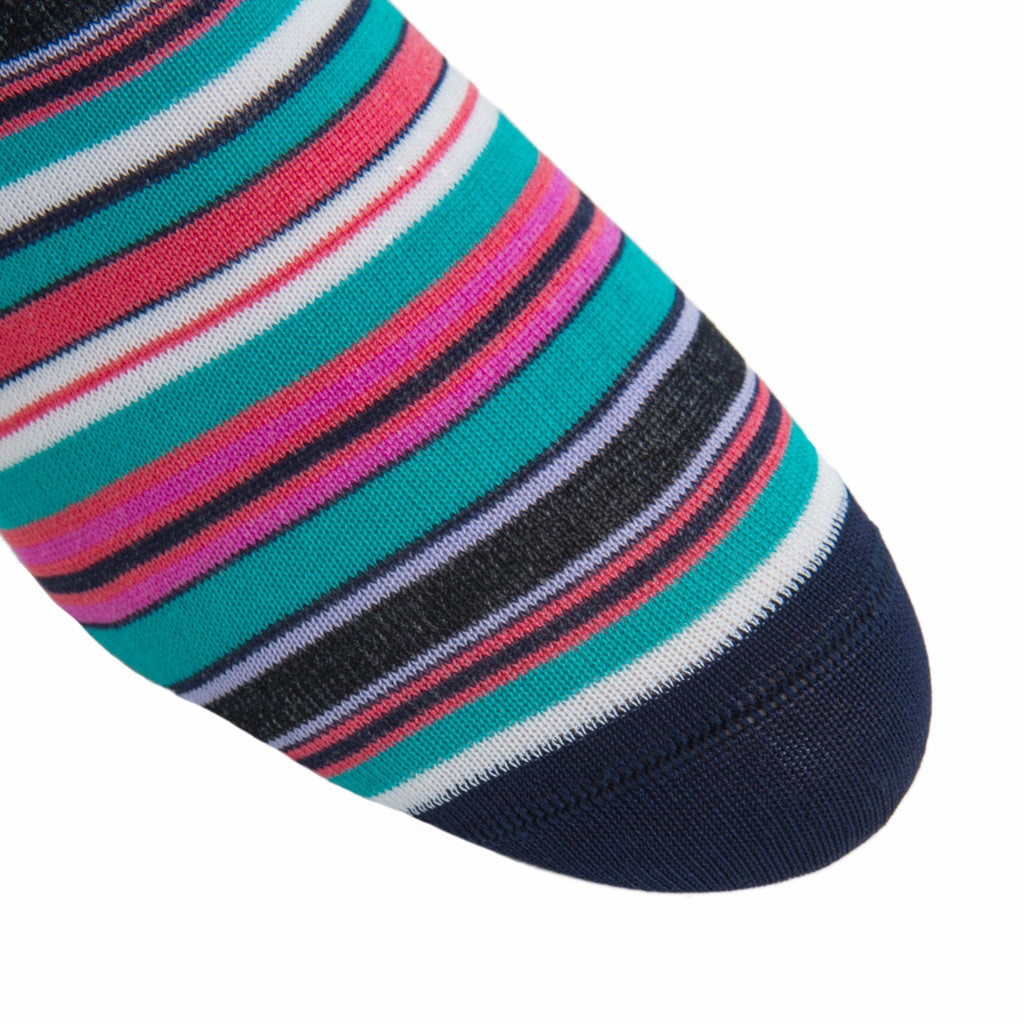 Cl. Navy, with White, Azure Blue, Coral, Rose, Lavender and Ceramic Variegated Stripe Cotton Sock Linked Toe Mid-Calf