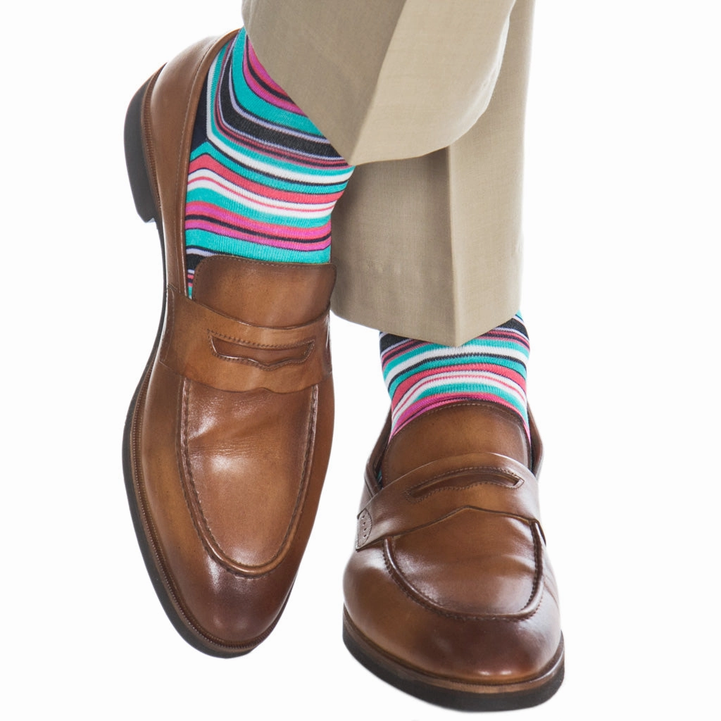 Cl. Navy, with White, Azure Blue, Coral, Rose, Lavender and Ceramic Variegated Stripe Cotton Sock Linked Toe Mid-Calf