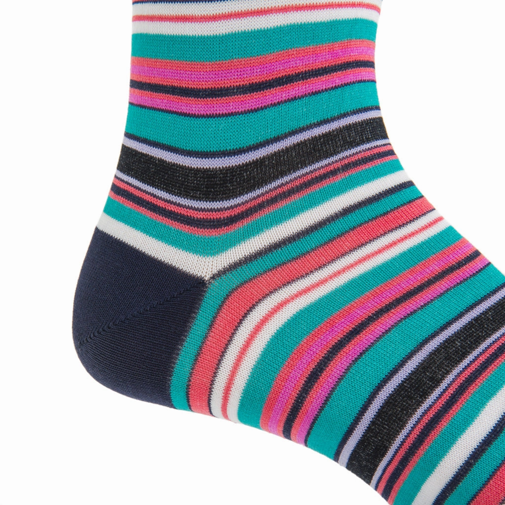 Cl. Navy, with White, Azure Blue, Coral, Rose, Lavender and Ceramic Variegated Stripe Cotton Sock Linked Toe Mid-Calf