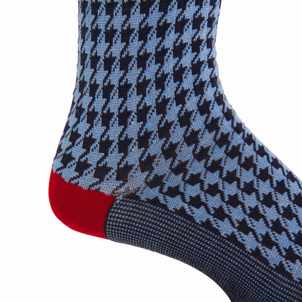 Classic Navy and Azure Blue Large Houndstooth with Red Tipping Cotton Sock Linked Toe Mid-Calf