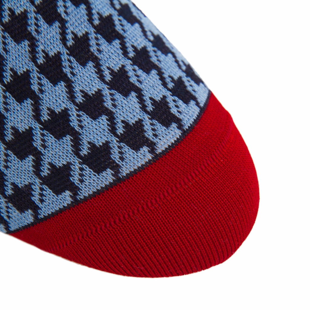 Classic Navy and Azure Blue Large Houndstooth with Red Tipping Cotton Sock Linked Toe Mid-Calf