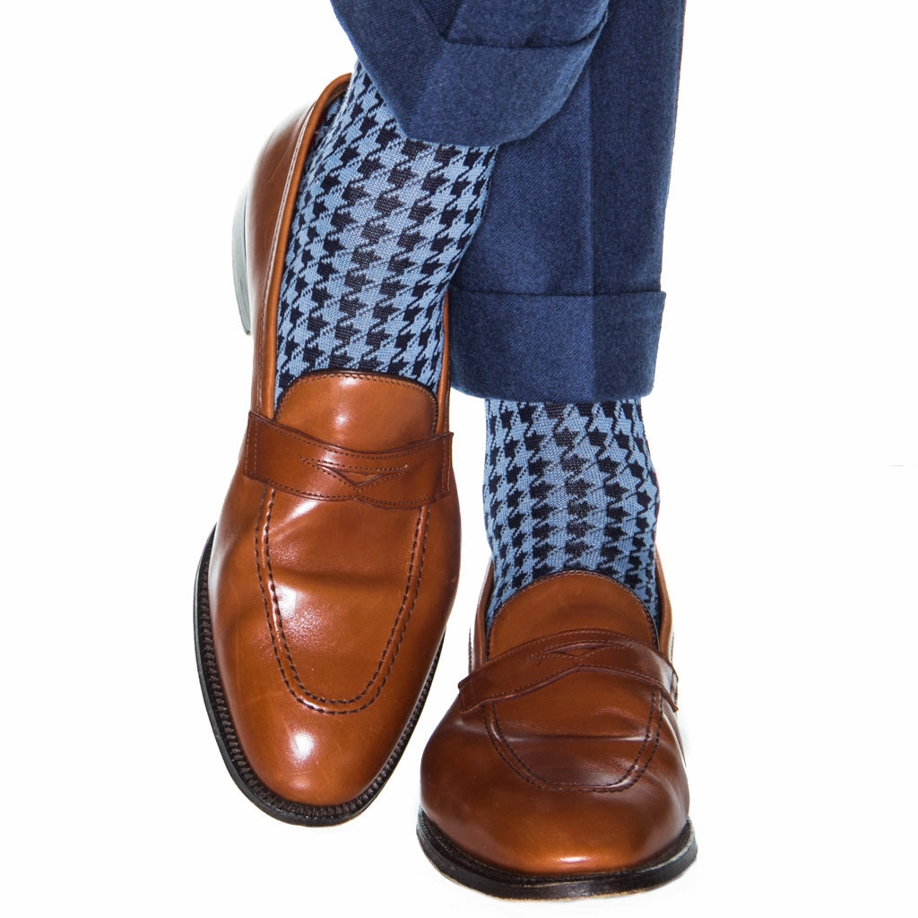 Classic Navy and Azure Blue Large Houndstooth with Red Tipping Cotton Sock Linked Toe Mid-Calf
