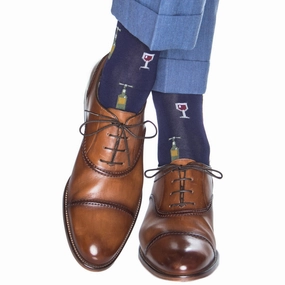 Classic Navy w/Pine Green, Merlot, and Gold Wine Glass/Bottle Cotton Sock Linked Toe OTC