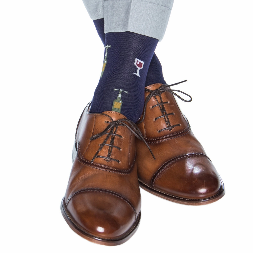 Classic Navy w/Pine Green, Merlot, and Gold Wine Glass/Bottle Cotton Sock Linked Toe OTC