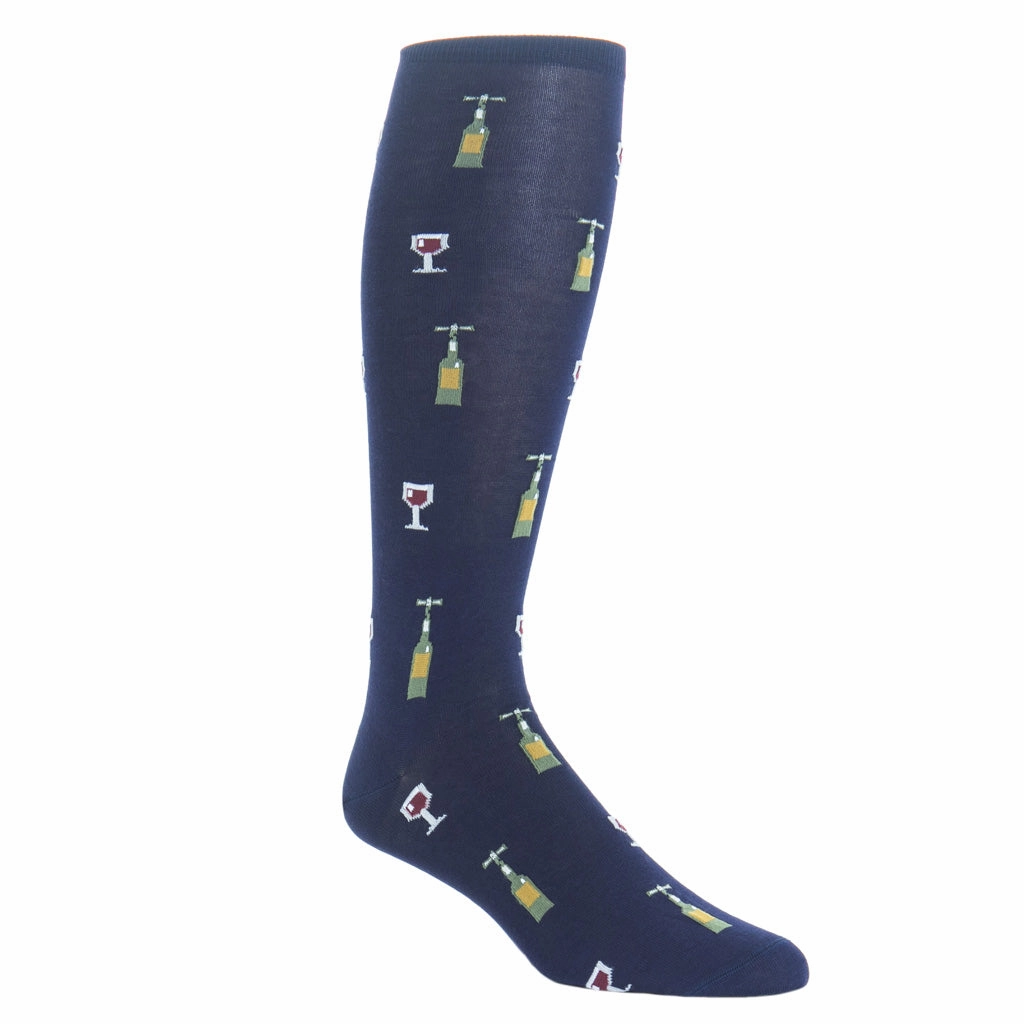 Classic Navy w/Pine Green, Merlot, and Gold Wine Glass/Bottle Cotton Sock Linked Toe OTC
