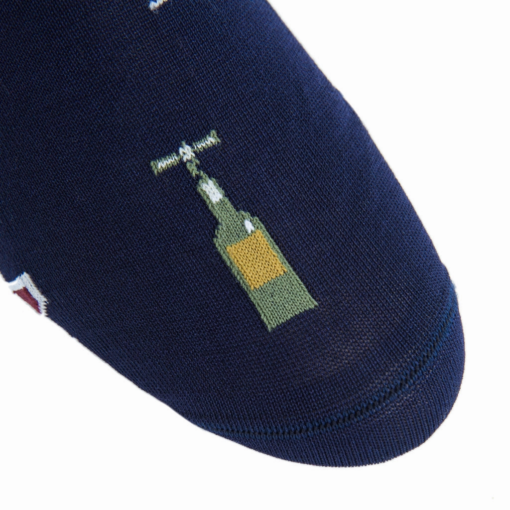 Classic Navy w/Pine Green, Merlot, and Gold Wine Glass/Bottle Cotton Sock Linked Toe OTC