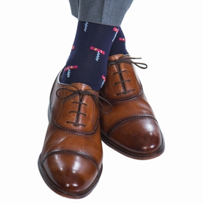 Classic Navy with Coral, Cream, Ash Corkscrew Cotton Sock Linked Toe Mid-Calf