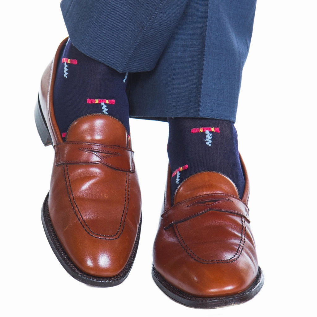 Classic Navy with Coral, Cream, Ash Corkscrew Cotton Sock Linked Toe Mid-Calf